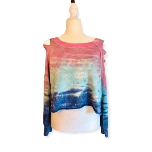 Filly Flair Sweaters - Vintage 90s/Y2K DIY Cut Shoulder Cropped Tie Dye Pullover Sweater-M/L